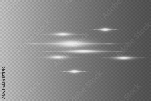 Pack of horizontal highlights. Laser light beams  horizontal light beams. Beautiful light reflections. Glowing stripes on a transparent background. Glowing abstract sparkling background.