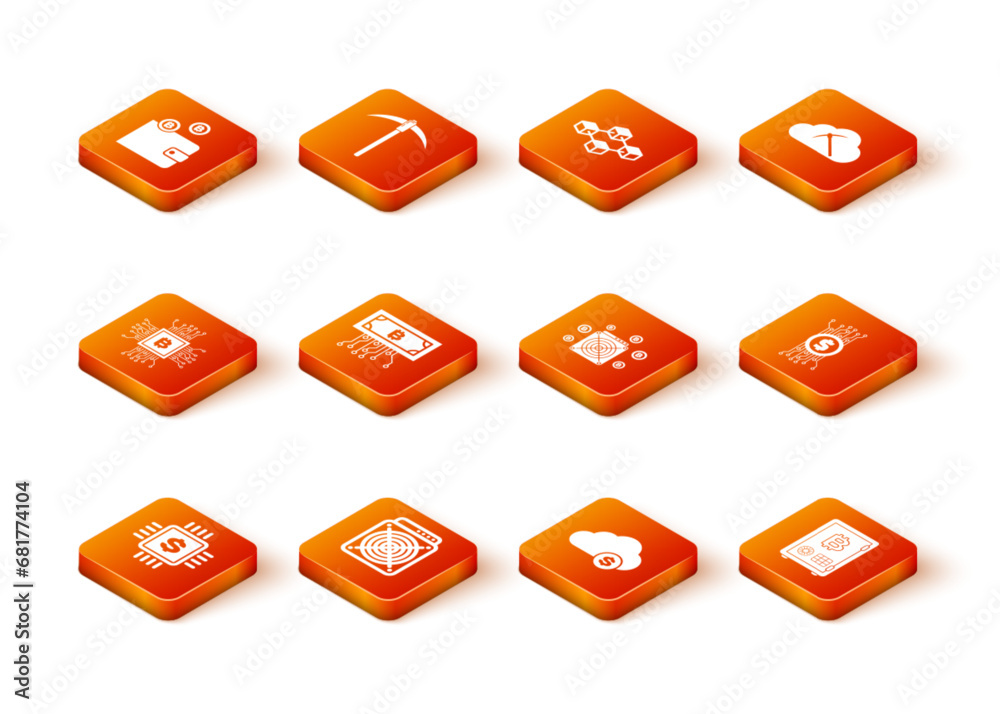 Set Processor chip with dollar, ASIC Miner, CPU mining farm, Cryptocurrency bitcoin circuit, cloud and icon. Vector Set Processor chip with dollar, ASIC Miner, CPU mining farm, Cryptocurrency bitcoin circuit, cloud and icon. Vector