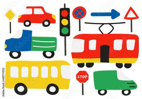 Set of transport and Traffic signs for Child. Cars, van, truck. Public Transport - bus and tram. Stop sign and traffic light. Side view. Variations. Bright colors. Doodle style. Vector illustration