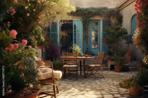 Spacious Greek house backyard. Summer flowers. Generate Ai © juliars