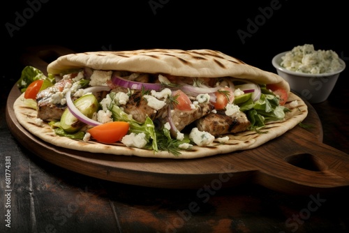 Juicy Greek pita meat. Meat wrap food. Generate Ai