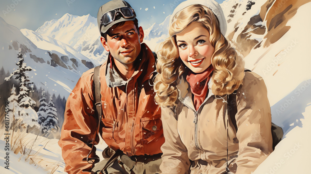 Fototapeta premium mountain winter view with man woman boy girl happy in the cold snow, vintage watercolor illustration painting
