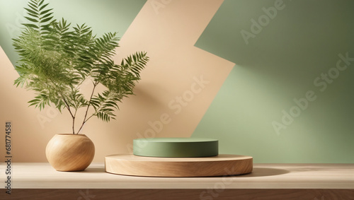 Green Nature Background with Wooden Podium and Branch. 3D Rendering of Eco-Friendly Cosmetic Product Display
