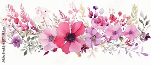 Fondo floral primaveral de acuarela en tonos purpuras y rosas, sobre fondo blanco photo