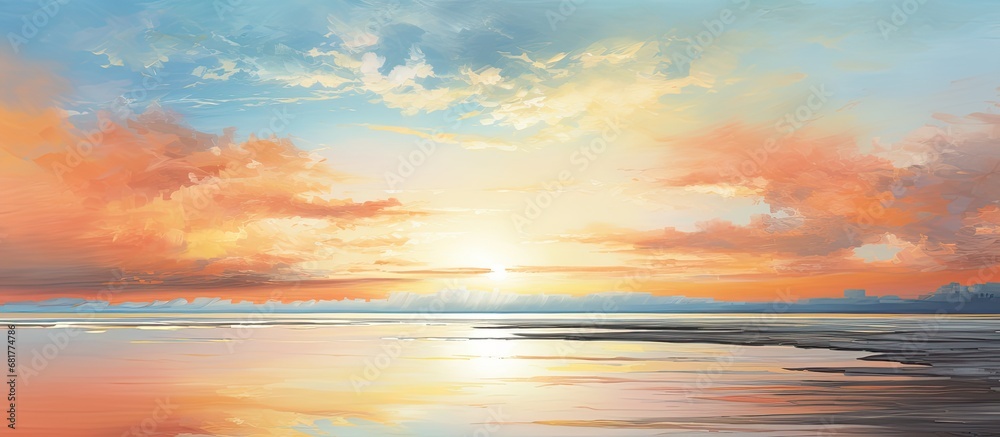 Obraz premium As the sun rises over the tranquil beach, the abstract beauty of the serene landscape is mirrored in the still waters, reflecting the vibrant orange hues of the sky, while the fluffy clouds dance in