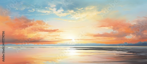 As the sun rises over the tranquil beach, the abstract beauty of the serene landscape is mirrored in the still waters, reflecting the vibrant orange hues of the sky, while the fluffy clouds dance in