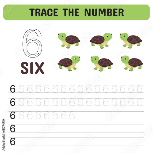Trace the number . Tracing number worksheet for kindergarten, preschool for learning numbers and handwriting practice activities. Educational children game, printable worksheet. Vector illustration