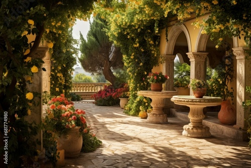 Elegant Greek style garden pool. Blossom island. Generate Ai © juliars