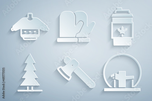 Set Wooden axe, Coffee cup to go, Canadian spruce, Montreal Biosphere, Christmas mitten and sweater icon. Vector