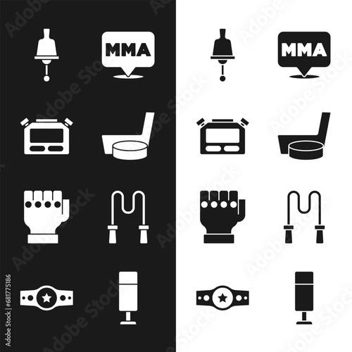 Set Ice hockey stick and puck, Stopwatch, Ringing bell, Fight club MMA, glove, Jump rope, Punching bag and Boxing belt icon. Vector