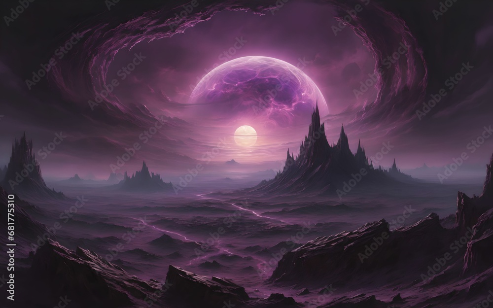 purple sunrise over the mountains, gaming concept