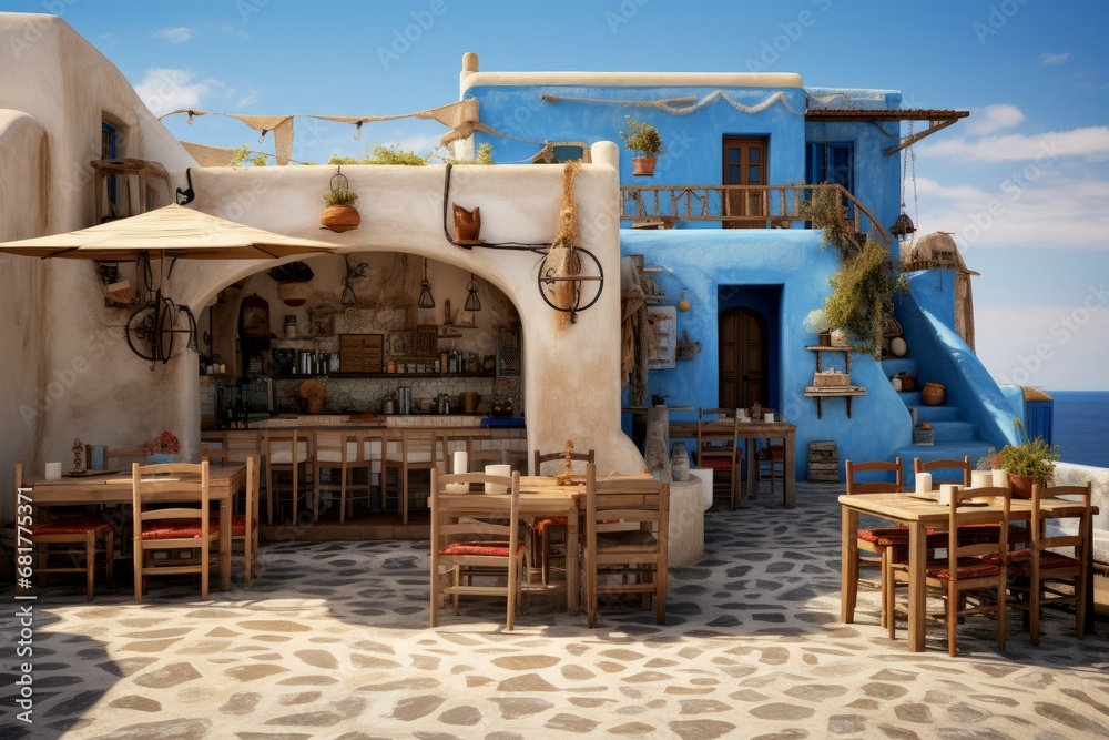Cozy Greek tavern near sea. Travel greece. Generate Ai - obrazy, fototapety, plakaty 