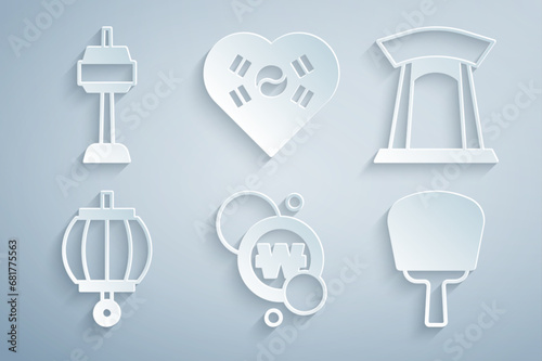 Set South Korean won coin, gate, lantern, hand fan, Love with heart and N Seoul tower icon. Vector