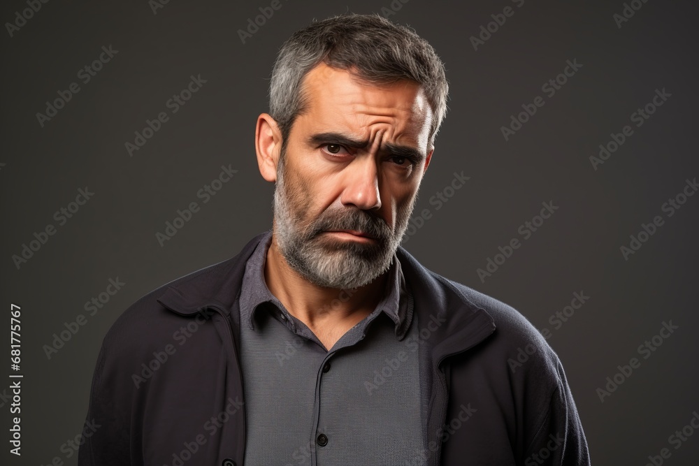 Handsome middle aged man with beard and mustache on grey background