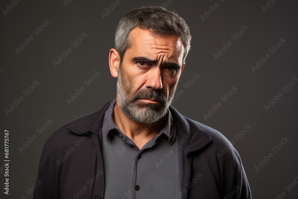 Handsome middle aged man with beard and mustache on grey background Handsome middle aged man with beard and mustache on grey background