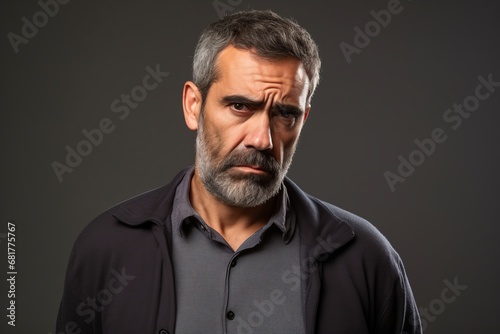 Handsome middle aged man with beard and mustache on grey background © Igor