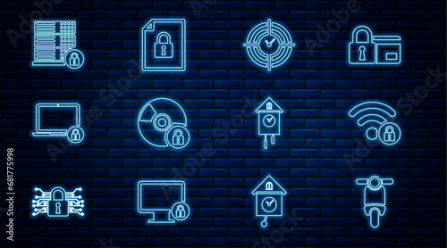 Set line Scooter, Wifi locked, Time Management, CD or DVD disk with, Laptop and, Server security, Retro wall watch and Document icon. Vector