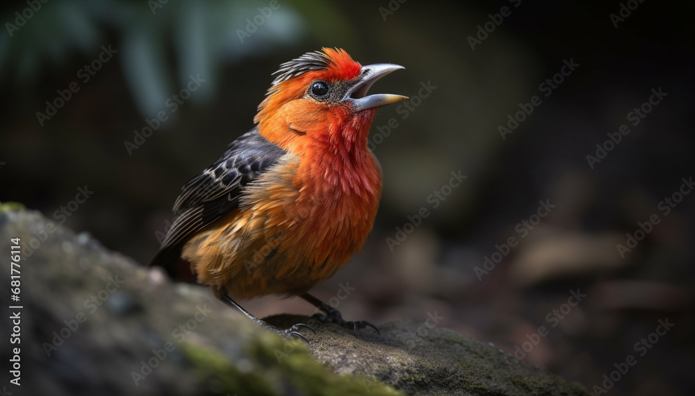 Colorful bird perched on branch, gazing at camera in forest generated by AI Colorful bird perched on branch, gazing at camera in forest generated by AI