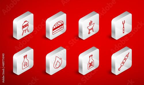 Set line Grilled shish kebab, Burger, Barbecue grill, fork, Ketchup bottle, Fire flame and icon. Vector