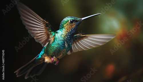 Hummingbird hovering, spread wings, iridescent, multi colored, pollinating flower generated by AI © Jeronimo Ramos