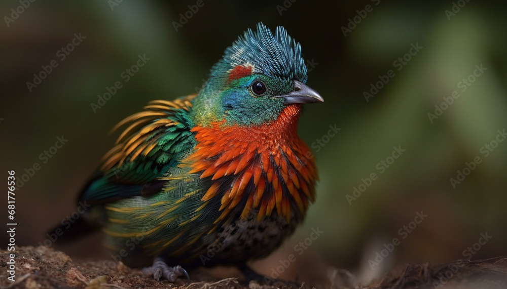 Majestic starling perching on branch, iridescent feathers shining brightly generated by AI
