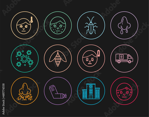 Set line Man with excessive sweating, Emergency car, Cockroach, Bee, Bacteria, High human body temperature, Fatigue and Face psoriasis or eczema icon. Vector