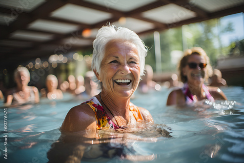 Happy woman in the pool during group classes. Aqua fit concept. Portrait with selective focus photo