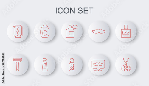 Set line Scissors hairdresser, Shaving razor, Aftershave bottle with atomizer, Barbershop, Blade, Bottle of shampoo, Cream lotion cosmetic tube and Classic pole icon. Vector
