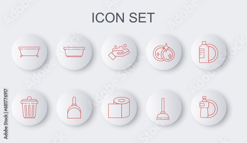 Set line Dishwashing liquid bottle and plate, Trash can, Washing hands with soap, Rubber plunger, Bathtub, Plastic basin, Dustpan and Toilet paper roll icon. Vector
