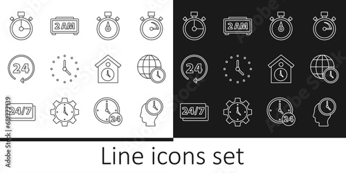 Set line Time Management, World time, Stopwatch, Clock, 24 hours, Retro wall and Digital alarm clock icon. Vector
