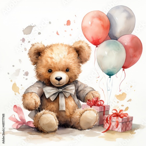 Illustration of Happy birthday toy bear greeting card watercolor illustration, Happy birthday greeting card clip art illustration theme. For banners, posters, advertising. AI generated.