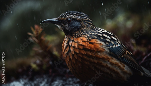 Spotted starling perching on wet branch, looking at camera generated by AI