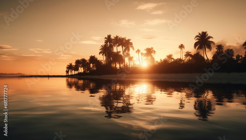 Caribbean sunset palm trees, orange sky, tranquil waters, idyllic vacation generated by AI