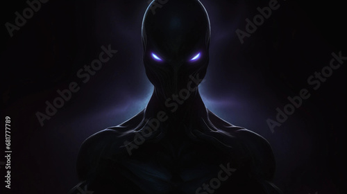 A Portrait of a Dark Alien With Glowing Purple Eyes photo