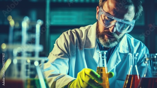 Scientist in a chemistry lab with flasks and other labware. Research and development concept for medical, biotechnology, molecular biology or chemistry research and development. Illustration.