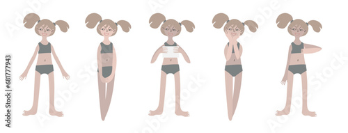 Five northern girls in swimsuits. Calm standing poses: thumbs up, piece of paper in hands. Pale skin tone and blonde hair. Vector illustration in flat style