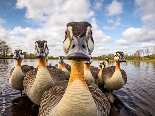 Close up portrait of a goose. Detailed image of the muzzle. A flock of wild geese swimming in a body of water. Illustration with distorted fisheye effect. Design for cover, card, decor, etc. photo
