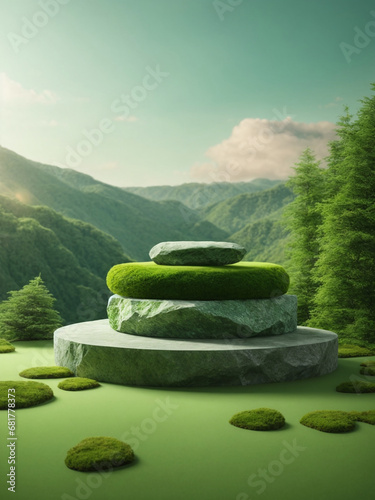 Nature forest landscape showcase, Natural Stone Podiums to Showcase Your Beauty Products, 3D podium stone display on green background