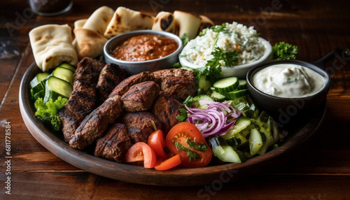 Grilled beef skewer with fresh vegetables on rustic wooden plate generated by AI