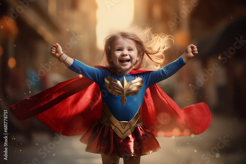Young girl dressed as a superhero, happy, smiling