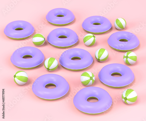 Colorful inflatable rings and balls on pink background, summer vacation
