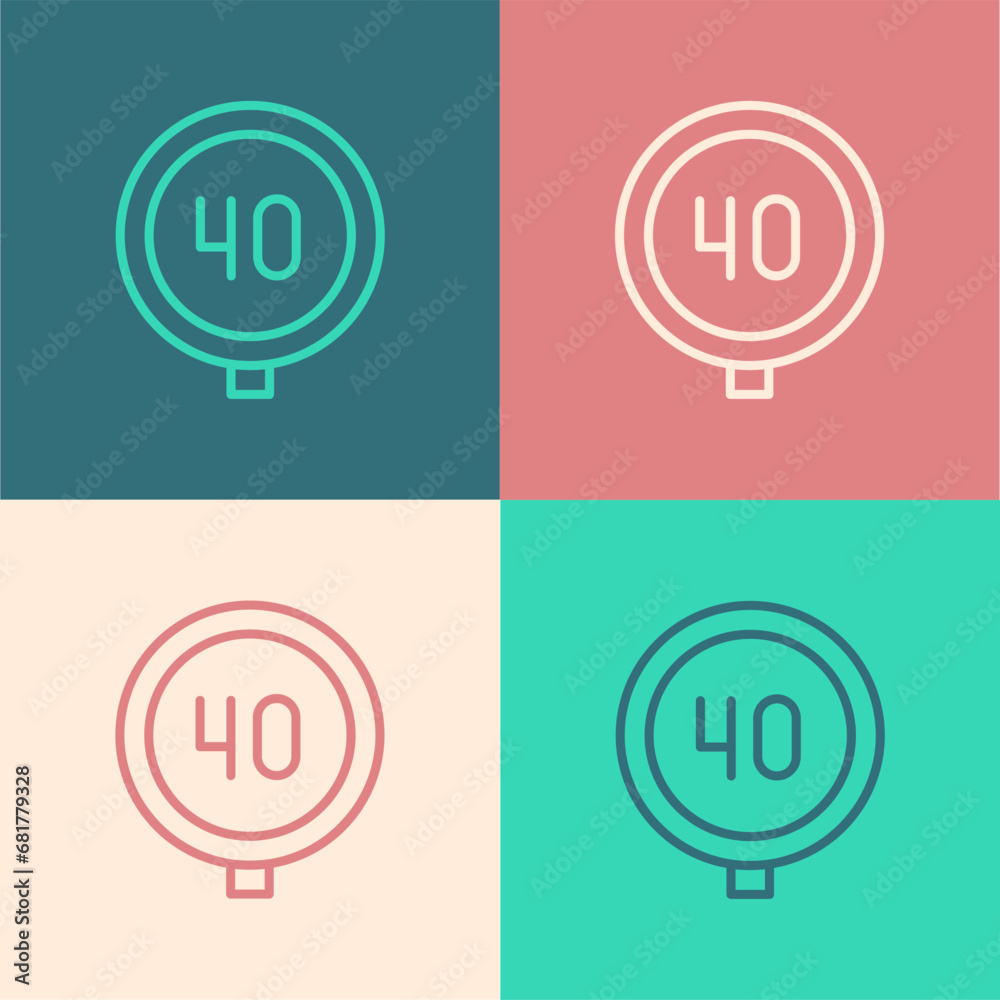 Pop art line Speed limit traffic sign 40 km icon isolated on color background. Vector Pop art line Speed limit traffic sign 40 km icon isolated on color background. Vector