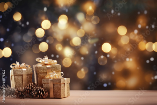 Christmas and new year background; gift boxes, pine cones, pine branches on the background; bokeh llight photo