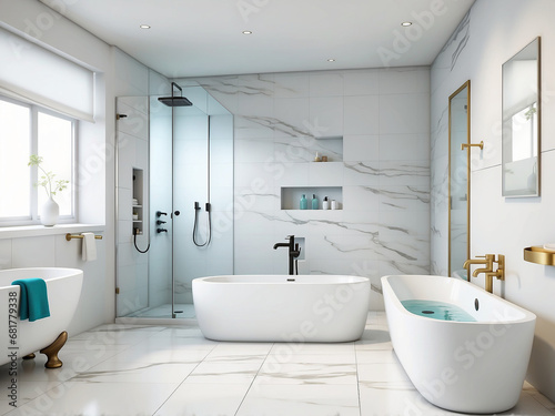 Bathroom, shower, washbasin, bathtub, marbleized