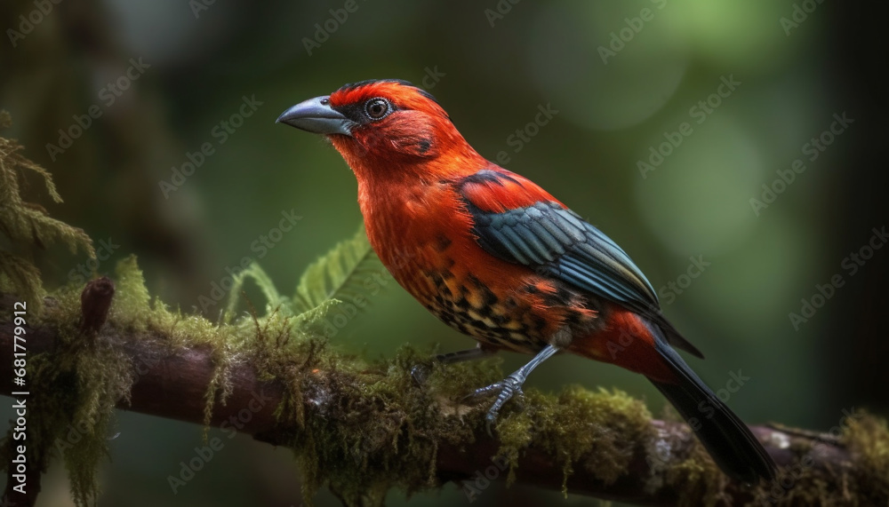 Male bird perching on branch, vibrant colors in nature beauty generated by AI Male bird perching on branch, vibrant colors in nature beauty generated by AI