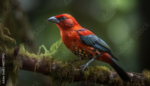 Male bird perching on branch, vibrant colors in nature beauty generated by AI