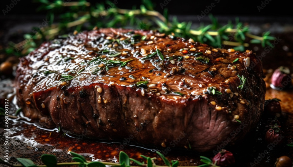Grilled sirloin steak, cooked rare with herb seasoning and flame generated by AI Grilled sirloin steak, cooked rare with herb seasoning and flame generated by AI