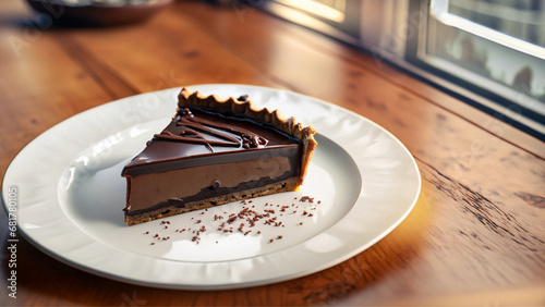 Um pedaço de torta cremosa de chocolate, dentro de um prato, sobre uma mesa de madeira dentro de uma confeitaria ao lado de uma janela. photo