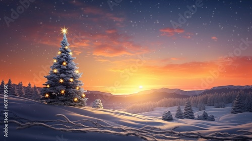 snowy field with a forest in countryside at sunset and golden hour with beautiful sky and a lonely Christmas tree deccorated with stars