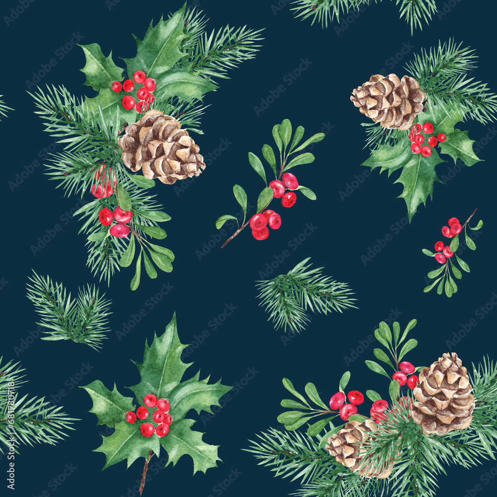 Christmas hand drawn seamless pattern with winter plants. Forest pine branches with cone, holly with red berries, cowberry or lingonberry on dark blue background. For fabric or textile prints, gift